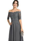 Makaila A-line Off the Shoulder Floor-Length Chiffon Lace Evening Dress With Rhinestone STIP0020908