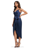 Akira Sheath/Column V-Neck Asymmetrical Silky Satin Cocktail Dress With Pleated STIP0020973