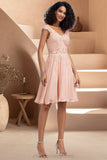 Amiya A-line V-Neck Knee-Length Chiffon Lace Homecoming Dress With Beading STIP0020565