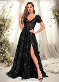 Arielle A-line V-Neck Sweep Train Floral Lace Prom Dresses With Sequins STIP0025869