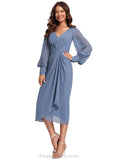 Jamiya Sheath/Column V-Neck Tea-Length Chiffon Cocktail Dress With Cascading Ruffles STIP0020824