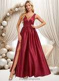 Ginny A-line V-Neck Floor-Length Satin Bridesmaid Dress STIP0025775