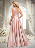 Frederica A-line V-Neck Floor-Length Stretch Satin Bridesmaid Dress STIP0025779