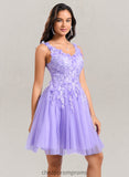 Rosalyn Ball-Gown/Princess V-Neck Short Lace Tulle Homecoming Dress With Flower STIP0025656