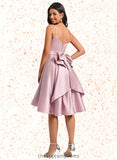 Micaela A-line V-Neck Asymmetrical Satin Homecoming Dress With Bow Pleated STIP0025699