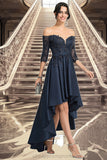 Princess A-line Off the Shoulder Asymmetrical Lace Satin Homecoming Dress With Sequins STIP0020580