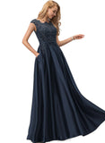 Evelin Ball-Gown/Princess Scoop Floor-Length Satin Prom Dresses With Beading Bow Sequins STIP0020874