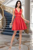 Kiersten A-line V-Neck Short/Mini Satin Homecoming Dress With Bow STIP0020583