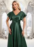 Addison A-line V-Neck Floor-Length Stretch Satin Bridesmaid Dress With Ruffle STIP0025773