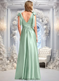 Hallie A-line V-Neck Floor-Length Stretch Satin Bridesmaid Dress With Bow STIP0025737