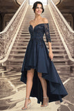 Princess A-line Off the Shoulder Asymmetrical Lace Satin Homecoming Dress With Sequins STIP0020580