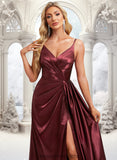 Ann A-line V-Neck Floor-Length Stretch Satin Bridesmaid Dress With Ruffle STIP0025785