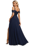 Zoe A-line Cold Shoulder Off the Shoulder Floor-Length Chiffon Lace Evening Dress With Sequins STIP0020794