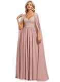 Hazel A-line V-Neck Floor-Length Chiffon Lace Evening Dress STIP0020976