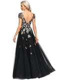 Everleigh A-line Boat Neck Illusion Floor-Length Lace Tulle Evening Dress STIP0020989