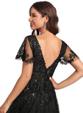 Ariana A-line V-Neck Knee-Length Lace Tulle Cocktail Dress With Sequins STIP0020878