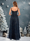 Annalise A-line Square Floor-Length Organza Lace Floral Prom Dresses With Sequins STIP0025844