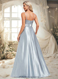 Jacey A-line V-Neck Floor-Length Stretch Satin Bridesmaid Dress STIP0025795