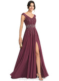 Iris A-line V-Neck Floor-Length Chiffon Lace Evening Dress With Beading Rhinestone Sequins STIP0020816