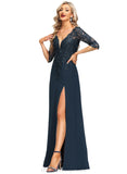 Emilie Sheath/Column V-Neck Floor-Length Chiffon Lace Evening Dress With Sequins STIP0020915