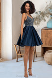 Reyna A-line V-Neck Short/Mini Satin Homecoming Dress With Beading Sequins STIP0020566