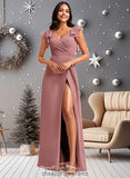 Annika A-line V-Neck Floor-Length Chiffon Bridesmaid Dress With Ruffle STIP0025751