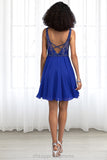 Brylee A-line V-Neck Short/Mini Chiffon Lace Homecoming Dress With Beading STIP0020563