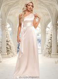 Kylie A-line One Shoulder Floor-Length Stretch Satin Bridesmaid Dress With Ruffle STIP0025818