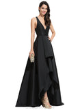 Anna A-line V-Neck Asymmetrical Satin Evening Dress STIP0020855