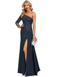 Frederica Sheath/Column One Shoulder Floor-Length Chiffon Lace Evening Dress With Sequins STIP0020775