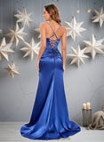 Maeve Trumpet/Mermaid Straight Sweep Train Stretch Satin Prom Dresses With Rhinestone STIP0025861