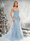 Cheryl Trumpet/Mermaid Straight Sweep Train Tulle Prom Dresses With Flower STIP0025866