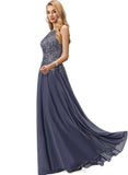 Kennedy A-line Scoop Floor-Length Chiffon Lace Evening Dress With Sequins STIP0020895