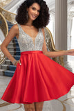 India A-line V-Neck Short/Mini Satin Homecoming Dress With Beading Sequins STIP0020569