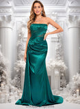 Glenda Trumpet/Mermaid Straight Sweep Train Stretch Satin Prom Dresses With Pleated STIP0025849