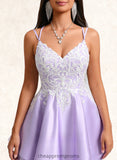 Ayanna A-line V-Neck Short Satin Homecoming Dress With Appliques Lace STIP0025696