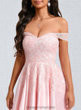 Daisy A-line Off the Shoulder Short Satin Homecoming Dress With Rhinestone Beading Appliques Lace STIP0025679