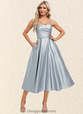 Cindy A-line V-Neck Tea-Length Satin Homecoming Dress STIP0025694