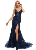 Natalie Trumpet/Mermaid V-Neck Sweep Train Lace Prom Dresses With Sequins STIP0020940