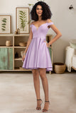 Jaliyah A-line Off the Shoulder Short/Mini Satin Homecoming Dress With Bow STIP0020568