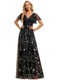 Jayden A-line V-Neck Floor-Length Lace Tulle Evening Dress With Pleated STIP0020797