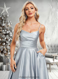 Nan A-line V-Neck Tea-Length Satin Bridesmaid Dress STIP0025794