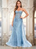 Sanaa Sheath/Column Sweetheart Sweep Train Sequin Tulle Prom Dresses With Sequins STIP0025860