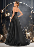 Teagan A-line V-Neck Sweep Train Satin Prom Dresses STIP0025842