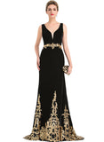 Iyana Trumpet/Mermaid V-Neck Sweep Train Velvet Evening Dress With Sequins STIP0020900