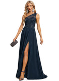 Aubrey A-line One Shoulder Illusion Sweep Train Chiffon Lace Evening Dress With Sequins STIP0020780