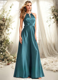 Addisyn A-line Halter Floor-Length Stretch Satin Bridesmaid Dress STIP0025731