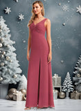 Lilia A-line V-Neck Floor-Length Chiffon Bridesmaid Dress STIP0025753