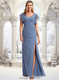 Kiara A-line V-Neck Floor-Length Chiffon Bridesmaid Dress With Ruffle STIP0025729