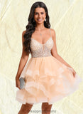 Annalise Ball-Gown/Princess V-Neck Short Tulle Homecoming Dress With Beading Sequins STIP0025646